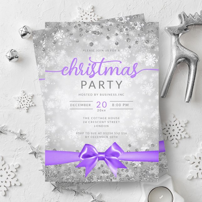 Invitación Silver Wins Snowflakes Company Purple Ribbon (Silver Winter Snowflakes Company Purple Ribbon Invitation)