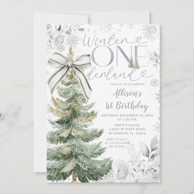 Invitación Silver Winter ONEderland Christmas Tree Birthday (Anverso)