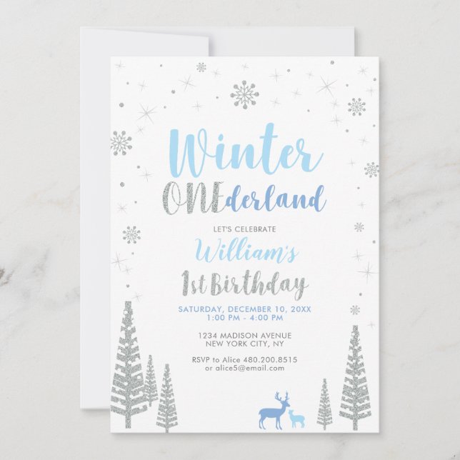 Invitación Silver Winter onederland Primera fiesta de cumplea (Anverso)