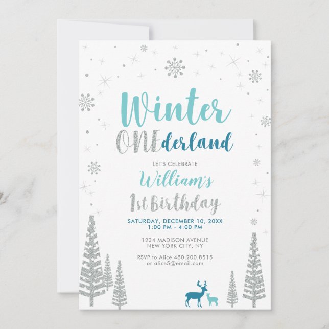 Invitación Silver Winter onederland Primera fiesta de cumplea (Anverso)