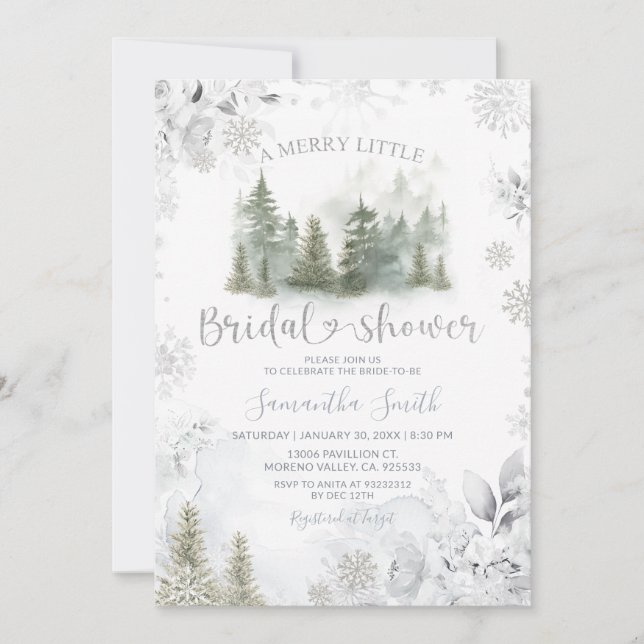 Invitación Silver Winter Pine Tree Merry Little Bridal Shower (Anverso)