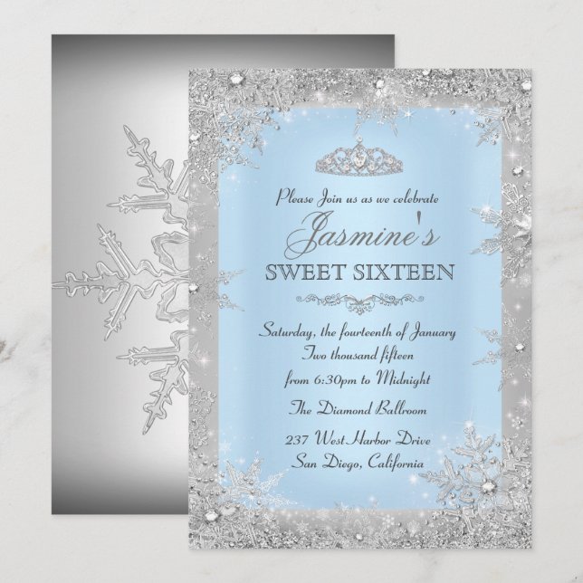 Invitación Silver Winter Wonderland Blue Sweet 16 (Anverso / Reverso)
