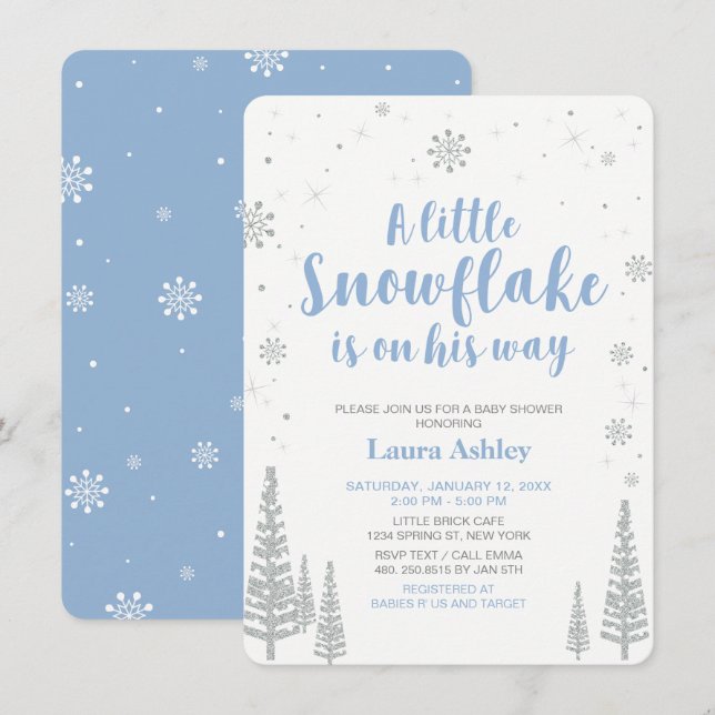 Invitación Silver Winter Wonderland, Boy Baby Shower (Anverso / Reverso)