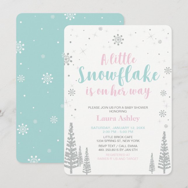 Invitación Silver Winter Wonderland, Chica Baby Shower (Anverso / Reverso)