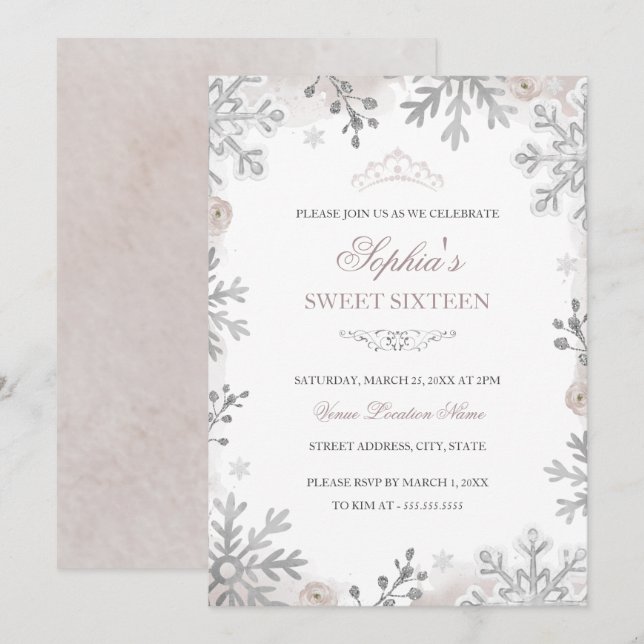 Invitación Silver Winter Wonderland Rubor Sweet 16th Birthday (Anverso / Reverso)