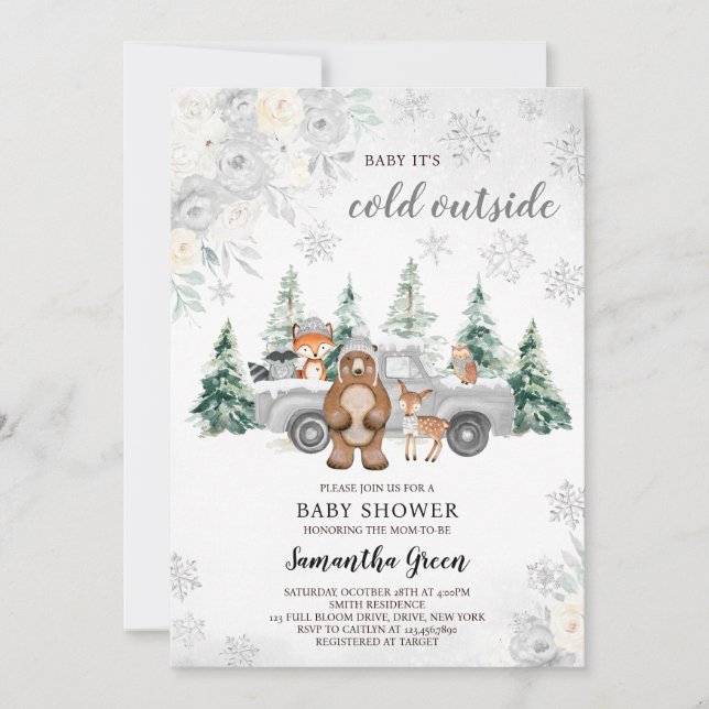 Invitación Silver Winter Woodland Baby Shower (Anverso)