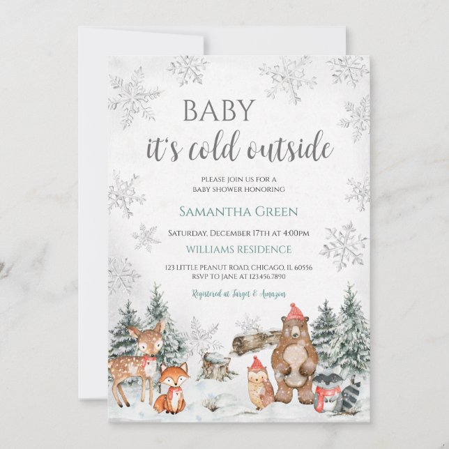 Invitación Silver Winter Woodland Baby Shower (Anverso)
