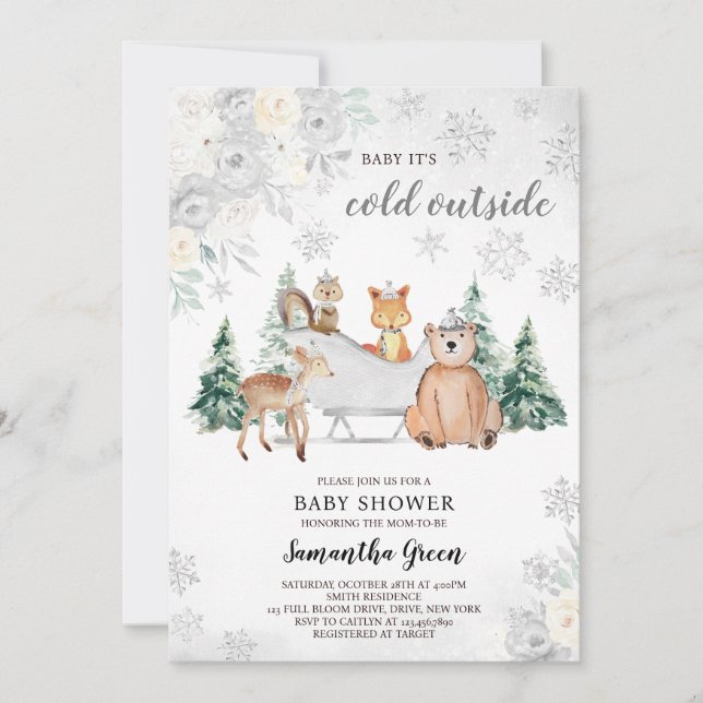 Invitación Silver Winter Woodland Baby Shower (Anverso)
