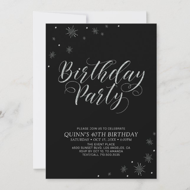 Invitación Silver y Black Modern Photo Adults Birthday Party (Anverso)