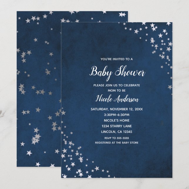 Invitación Silver y Blue Twinkle Stars Celestial Baby Shower (Anverso / Reverso)