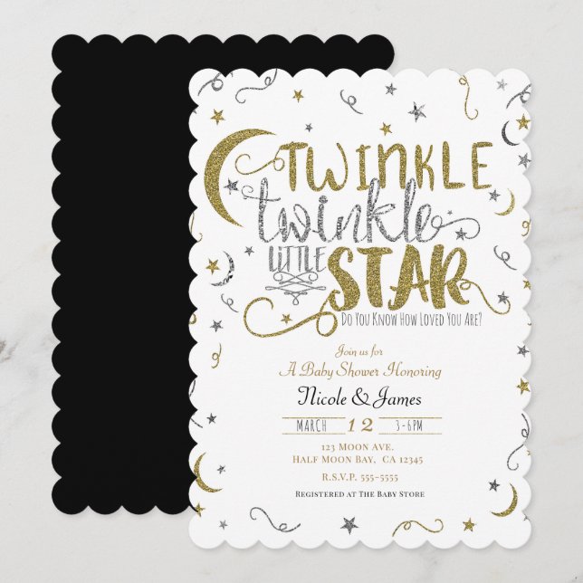 Invitación Silver y Gold Twinkle Little Star Baby Shower (Anverso / Reverso)
