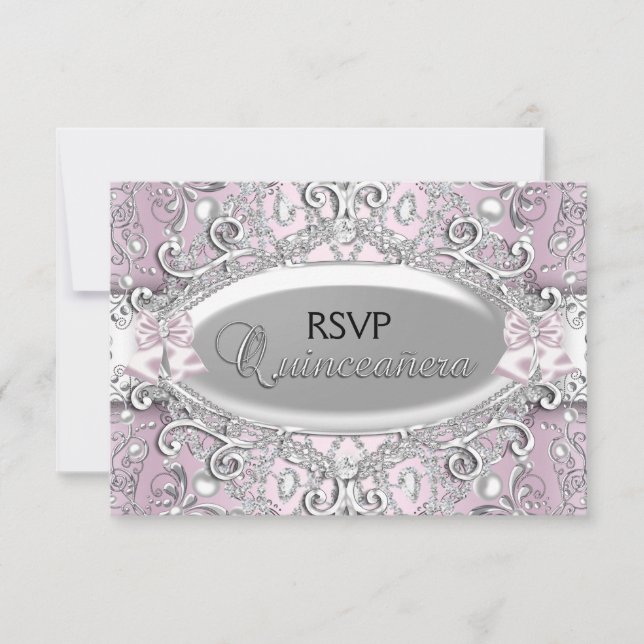 Invitación Silver y Pink Damask Pearl Quinceanera (Anverso)