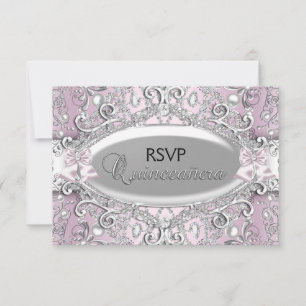 Invitación Silver y Pink Damask Pearl Quinceanera