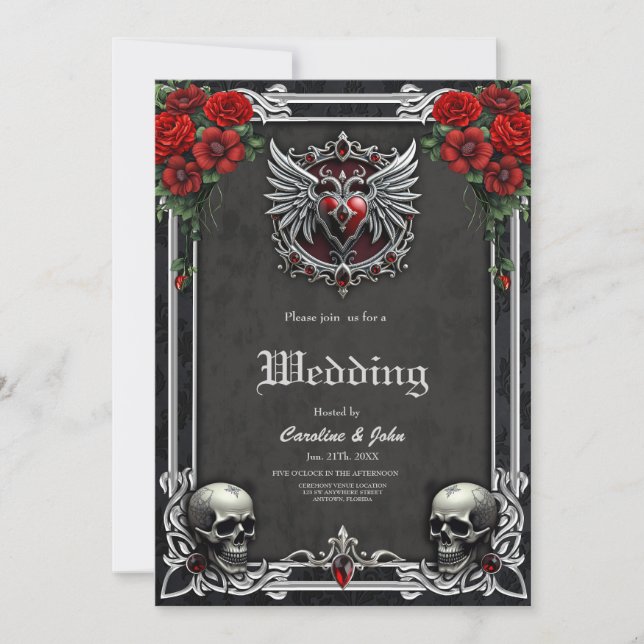Invitación Simbiosis gótica, corazón elegante y calaveras. (Anverso)