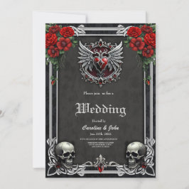 Invitación Simbiosis gótica, corazón elegante y calaveras.