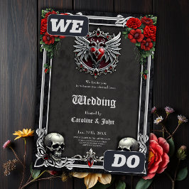 Invitación Simbiosis gótica, corazón elegante y calaveras.