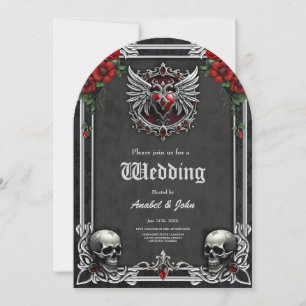 Invitación Simbiosis gótica, corazón elegante y calaveras.