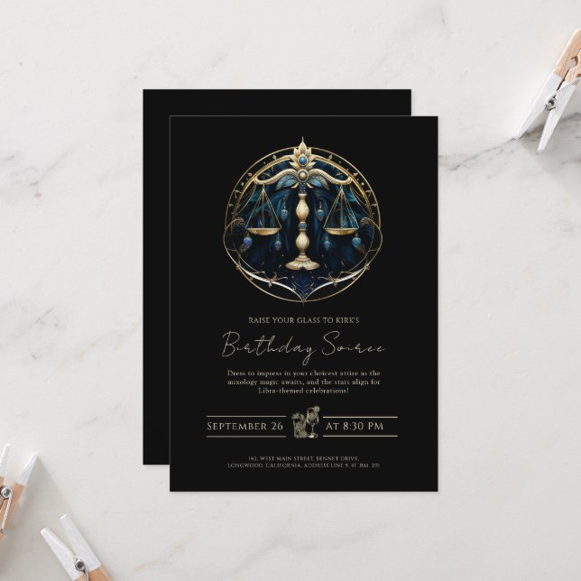 Invitación Símbolo de Balanza Celestial Cósmico Negro Dorado  (Anverso/Reverso In Situ)