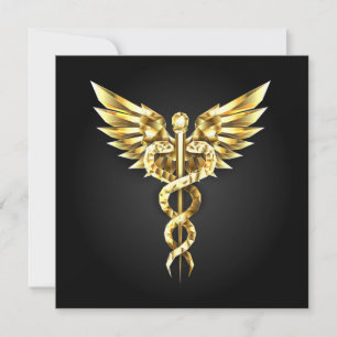 Invitación Símbolo de caduceo poligonal dorado