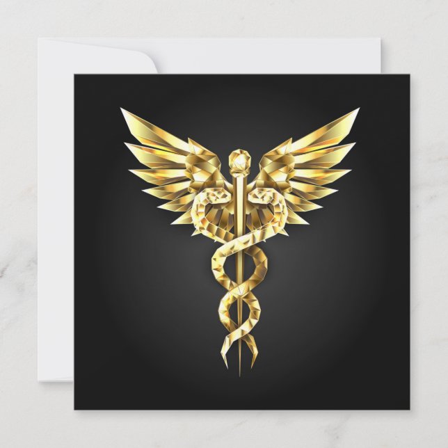 Invitación Símbolo de caduceo poligonal dorado (Anverso)