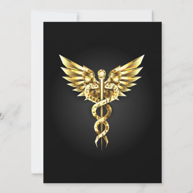 Invitación Símbolo de caduceo poligonal dorado (Anverso)