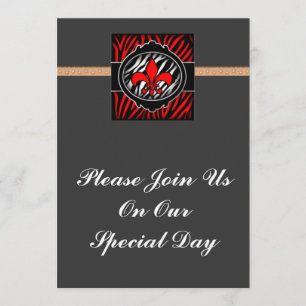 Invitación símbolo de cebra fleur de lis rojo perverso