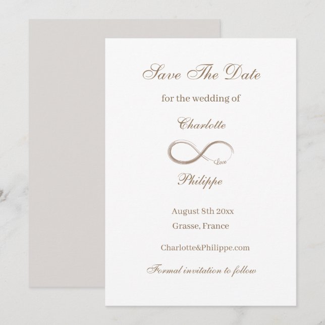 Invitación Símbolo de Infinito Bodas de Save The Date en Oro  (Anverso / Reverso)