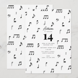 Invitación Símbolo de notas musicales en blanco y negro Cumpl