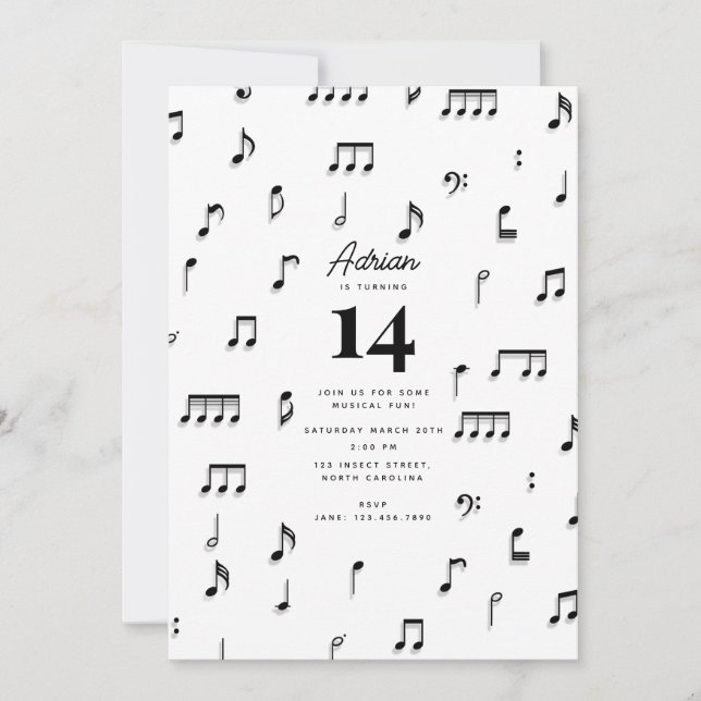 Invitación Símbolo de notas musicales en blanco y negro Parti (Anverso)