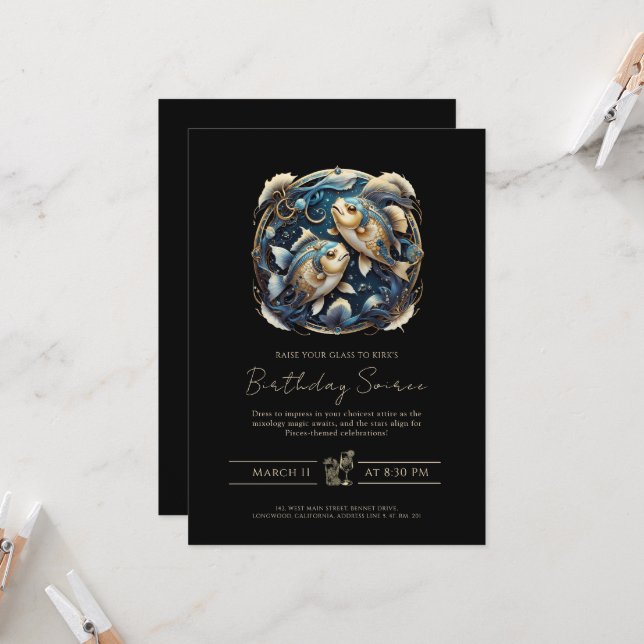 Invitación Símbolo de zodiaco de peces celestes de oro negro (Anverso/Reverso In Situ)