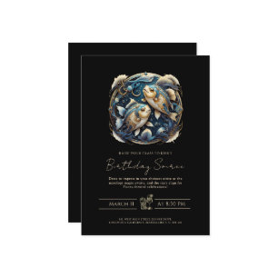 Invitación Símbolo de zodiaco de peces celestes de oro negro
