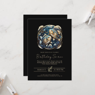 Invitación Símbolo de zodiaco de peces celestes de oro negro