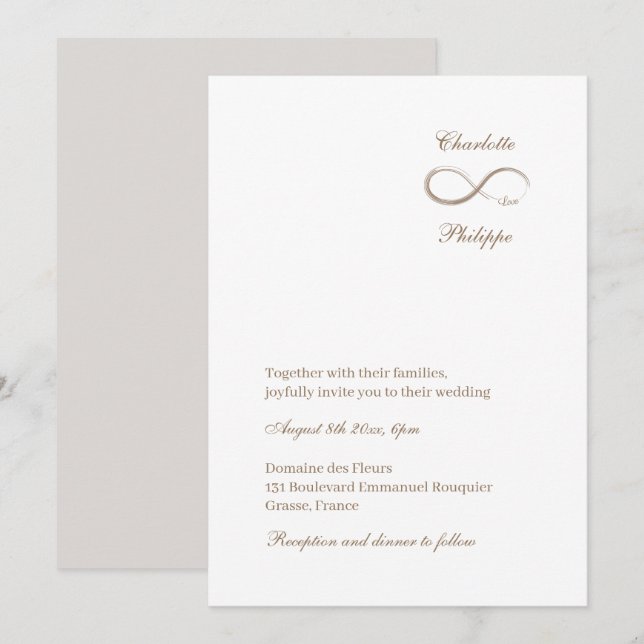 Invitación Símbolo infinito Boda elegante de oro gris blanco (Anverso / Reverso)