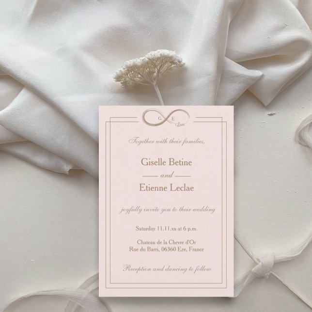 Invitación Símbolo infinito Boda Rubor gris rosado monograma (Subido por el creador)