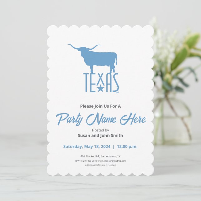 Invitación Símbolos de Texas, Longhorn, azul (Anverso de pie)