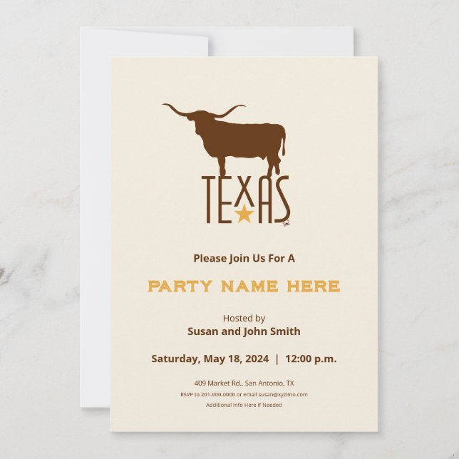 Invitación Símbolos de Texas, Longhorn, café (Anverso)