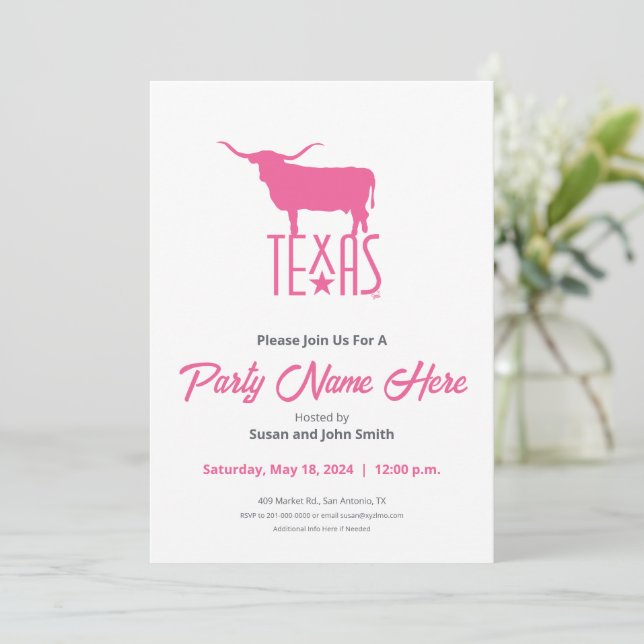 Invitación Símbolos de Texas, Longhorn, rosa (Anverso de pie)