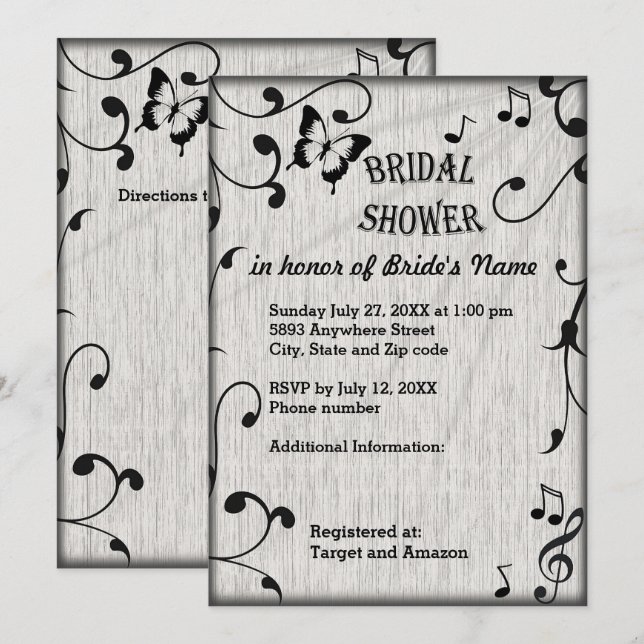 Invitación Símbolos musicales, hojas, ducha de novia gris inv (Anverso / Reverso)