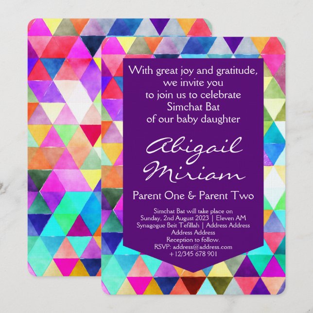 Invitación Simchat Bat Jewish Baby Girl Naming Colorful (Anverso / Reverso)