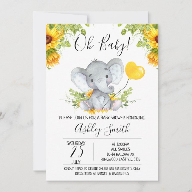 Invitación Simpatizantes Sexo Elefante Neutral Baby Shower (Anverso)