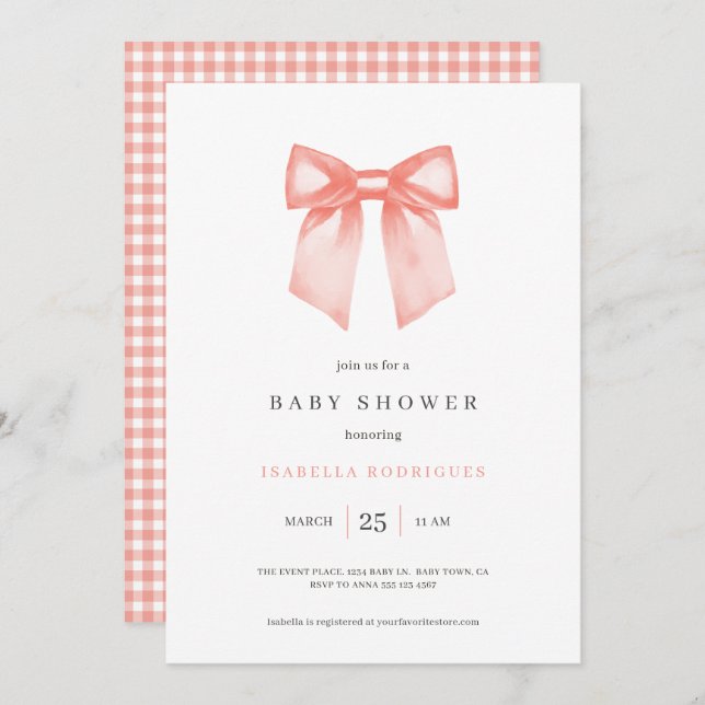 Invitación simple a Baby Shower Bow (Anverso / Reverso)