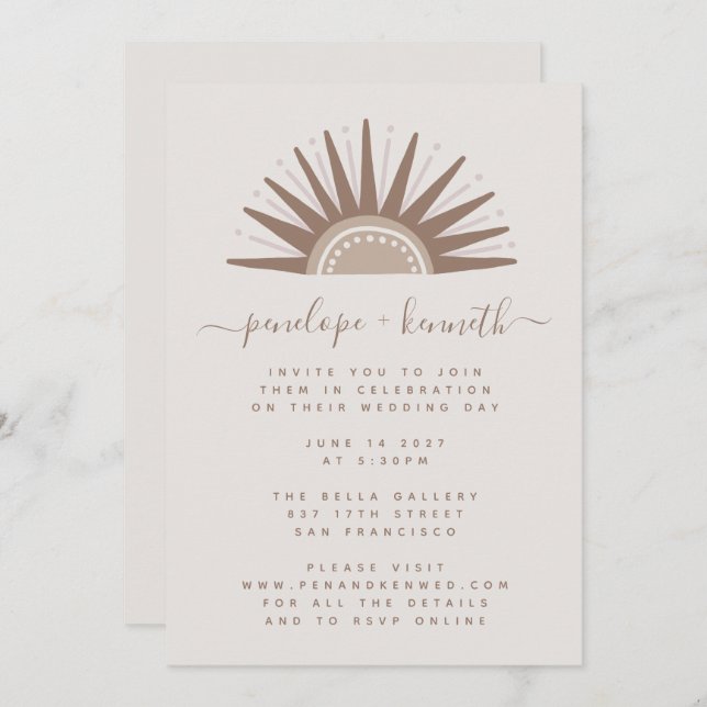 Invitación simple a bodas Boho Sun Brown y Taupe W (Anverso / Reverso)
