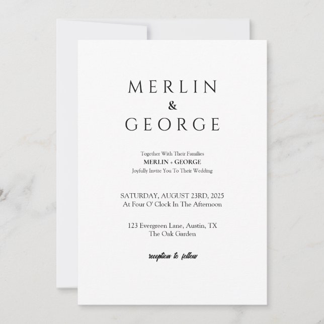Invitación simple a la boda blanca y negra (Anverso)