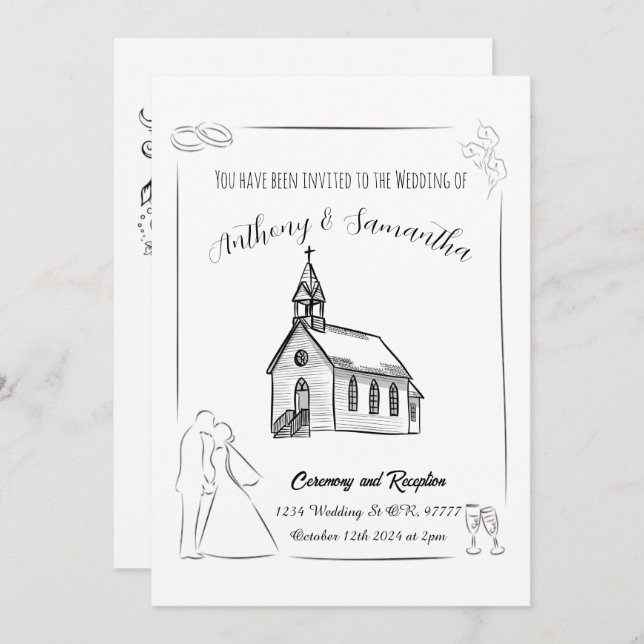 Invitación simple a la boda blanca y negra (Anverso / Reverso)