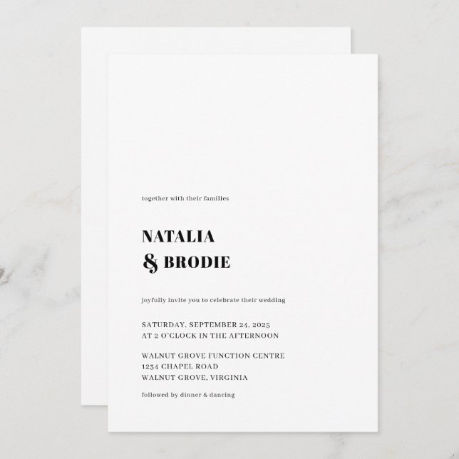 Invitación simple a la boda blanca y negra (Anverso / Reverso)