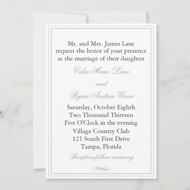 Invitación simple a la boda en el borde gris (Anverso)