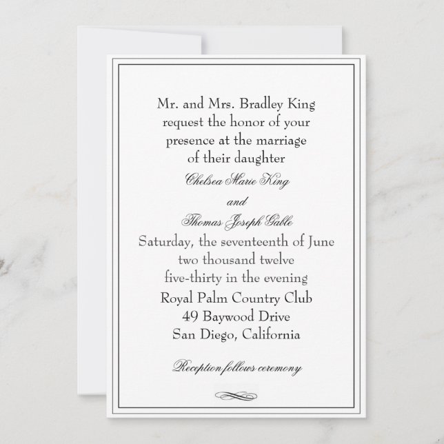 Invitación simple a la boda en el borde negro (Anverso)