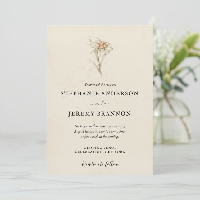 Invitación simple a la boda floral de Edelweiss (Anverso de pie)