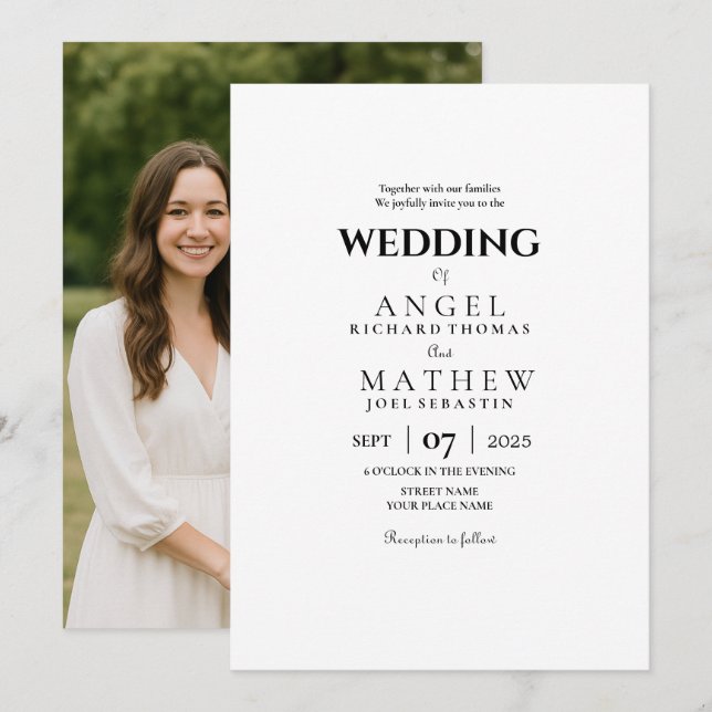 Invitación simple a la boda moderna con foto de pa (Anverso / Reverso)