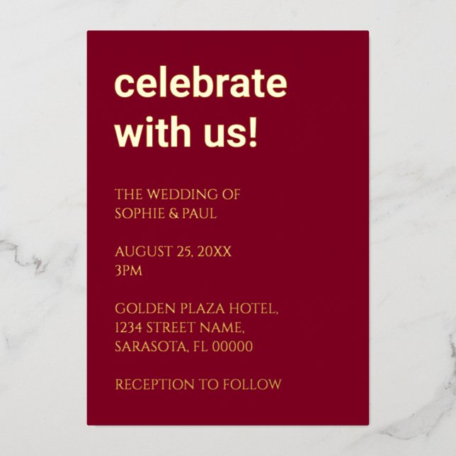 Invitación simple a Relieve metalizado de Boda de  (Anverso)